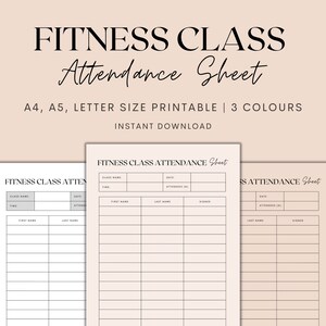 Puede incluir: Plantilla de hoja de asistencia para clase de fitness imprimible en blanco y negro. La hoja incluye campos para el nombre de la clase, la fecha, la hora, el nombre, el apellido y la asistencia. El texto "Fitness Class Attendance Sheet" está en la parte superior de la página.