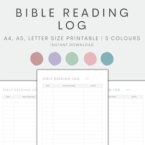 Bible Reading Log Printable, Bible Reading Tracker, Bible Journal, Bible Study Template, Instant Download PDF