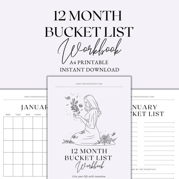 12 Month Bucket List Workbook Printable, Bucket List Tracker, Bucket List Planner, Life Planner, Goal Planner, Instant Download PDF