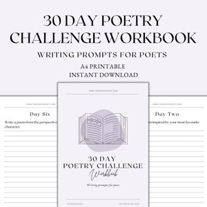 Może przedstawiać: Drukowany 30-dniowy zeszyt ćwiczeń z wyzwaniami poetyckimi z podpowiedziami do pisania dla poetów. Okładka przedstawia zamkniętą książkę na fioletowym tle z tekstem "30 Day Poetry Challenge Workbook".