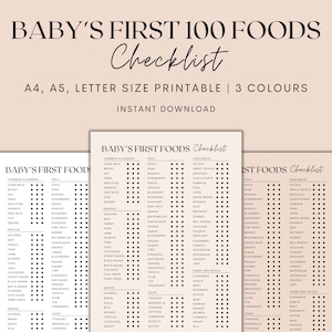 Baby's eerste 100 voedingsmiddelen checklist afdrukbaar, baby's eerste voedingsmiddelen tracker afdrukbaar, baby led spenen tracker, instant download pdf