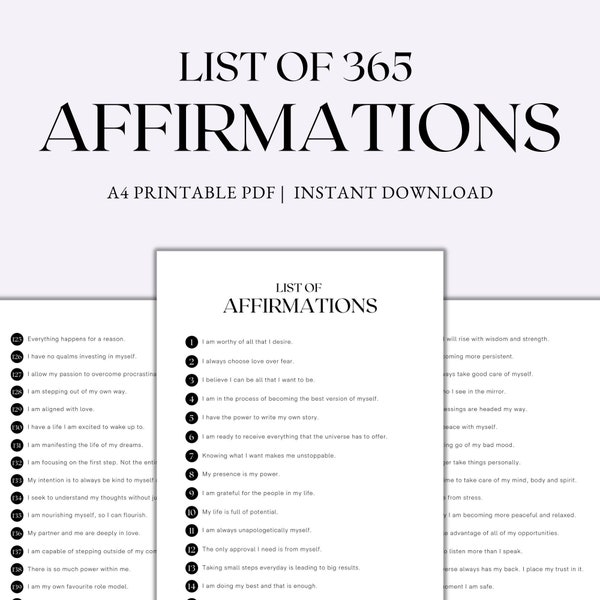 List of 365 Affirmations, Affirmations Printable, Positive Affirmations for Personal Growth, Daily Affirmations, A4 PDF Instant Download