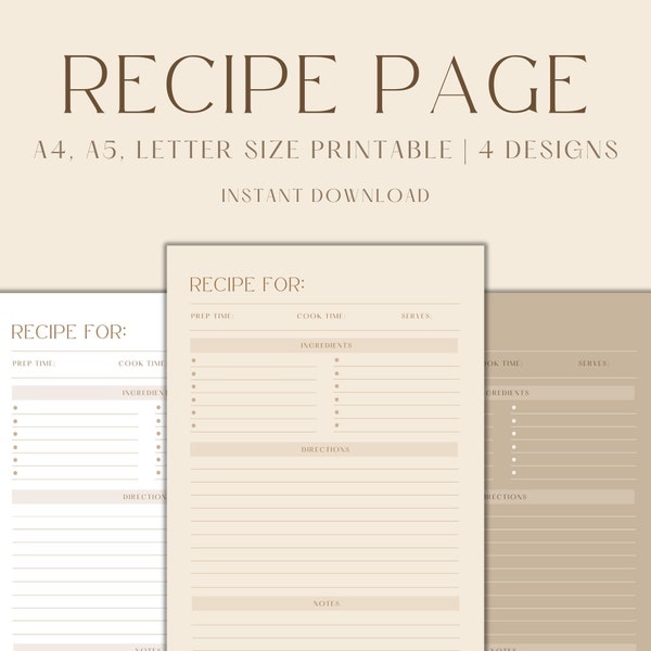 Recipe Page Printable, Recipe Template Printable, Printable Recipe Card Page, Recipe Sheet for Meal Planner, Instant Download PDF