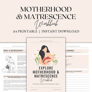 Può includere: Un quaderno di lavoro stampabile intitolato "Esplora la maternità e la matrescence" con uno sfondo rosa e un'illustrazione in bianco e nero di una donna che tiene un bambino. Il testo "Questo viaggio è magico e trasformativo, mamma." è in fondo alla pagina.