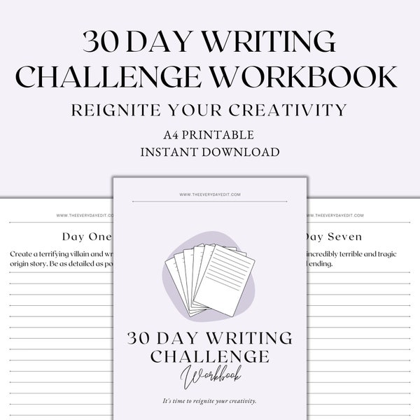 30 Day Writing Challenge Workbook Printable, Book Writing Prompts, Journal Prompts, Instant Download PDF