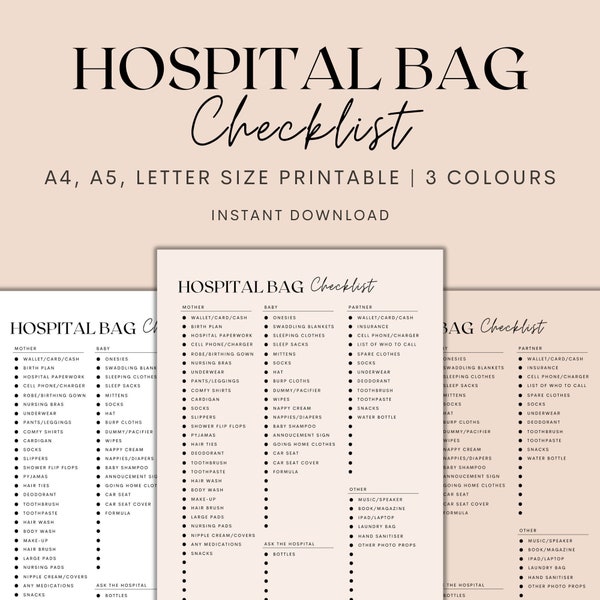Hospital Bag Checklist Printable, Birth Bag Packing List, Pregnancy Checklist, New Baby Checklist, Maternity Checklist, Instant Download PDF