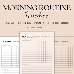 Puede incluir: Planificador de rutina matutina imprimible con tres columnas para actividades, tiempo y días de la semana. El planificador tiene una sección de revisión semanal en la parte inferior. El texto "MORNING Routine" está en la parte superior de la página.