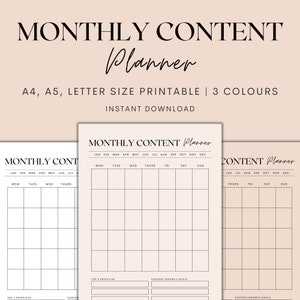 Undated Monthly Content Planner Printable, Social Media Planner, Blog Planner, Content Calendar, Content Creator, Instant Download PDF
