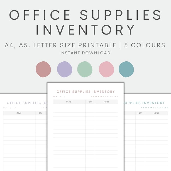 Office Supplies Inventory Printable, Office Inventory Chart Printable, Household Inventory, Home Management, Instant Download PDF