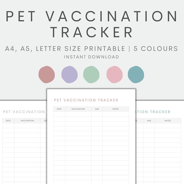 Pet Vaccination Tracker Printable, Dog Vaccination Record, Cat Vaccination Log, Animal Health Tracker, Instant Download PDF