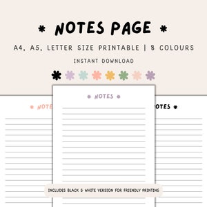 Notes Page Printable, Printable Note Paper, Lined Page, Lined Paper, Note-Taking Page, Lined Journal Page, Instant Download PDF