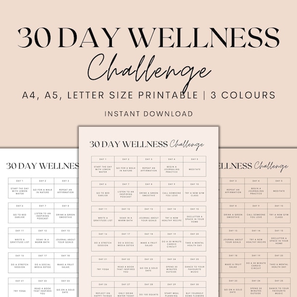 30 Day Wellness Challenge Printable, 30 Day Challenge, 30 Day Tracker, Wellness Tracker, Wellness Planner Printable, Instant Download PDF