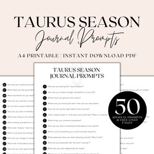 May include: A printable PDF journal with 50 prompts for Taurus season. The journal features a black and white illustration of a bull's head. The text "Taurus Season Journal Prompts" is in a black, bold font. The text "A4 Printable | Instant Download PDF" is in a smaller, black font.