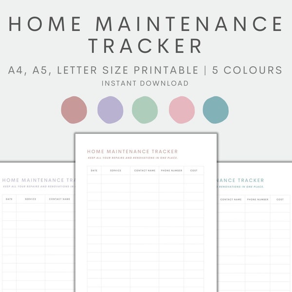 Home Maintenance Tracker Printable, Home Maintenance Log, House Repairs Log, Home Management Log, Cost Tracker, Instant Download PDF