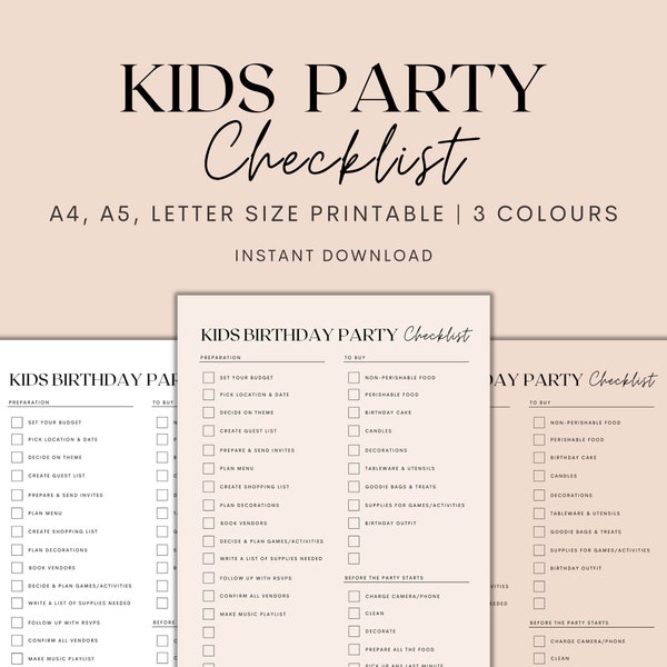 Kids Birthday Party Checklist Printable, Kids Party Planner Printable, Birthday Planner, Event Planner, Instant Download PDF