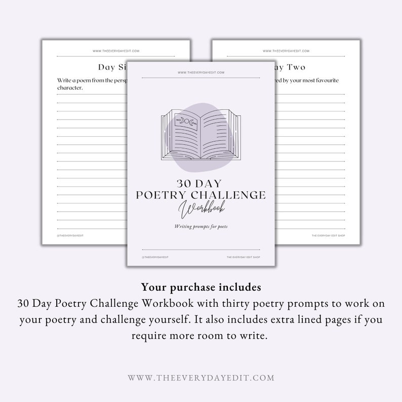 30 Day Poetry Challenge Workbook Printable, Poetry Prompts, Writing