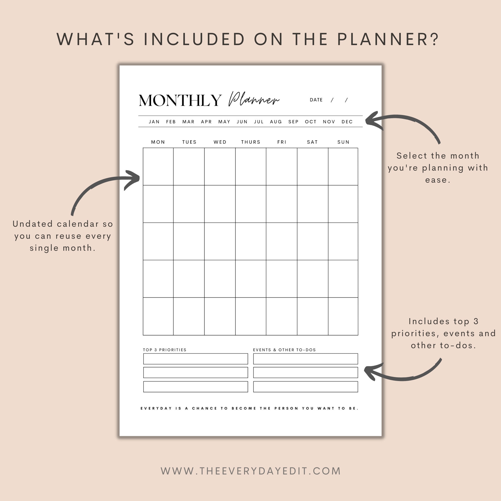 Undated Monthly Planner Printable, Monthly Calendar Printable ...