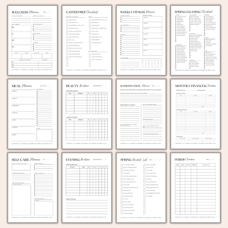 Pu&ograve; includere: Un planner stampabile con una variet&agrave; di sezioni, tra cui benessere, preparazione pasquale, fitness settimanale, pulizia di primavera, pianificazione dei pasti, routine di bellezza, manifestazione, tracker finanziario mensile, cura di s&eacute;, routine serale, lista di cose da fare primaverili e tracker del periodo. Ogni sezione ha un formato di checklist o tabella.