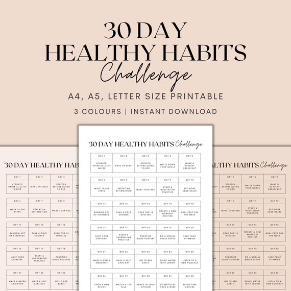 30 Day Healthy Habits Challenge Printable, 30 Day Challenge, Health Tracker, Habit Tracker, Health Planner, Instant Download PDF