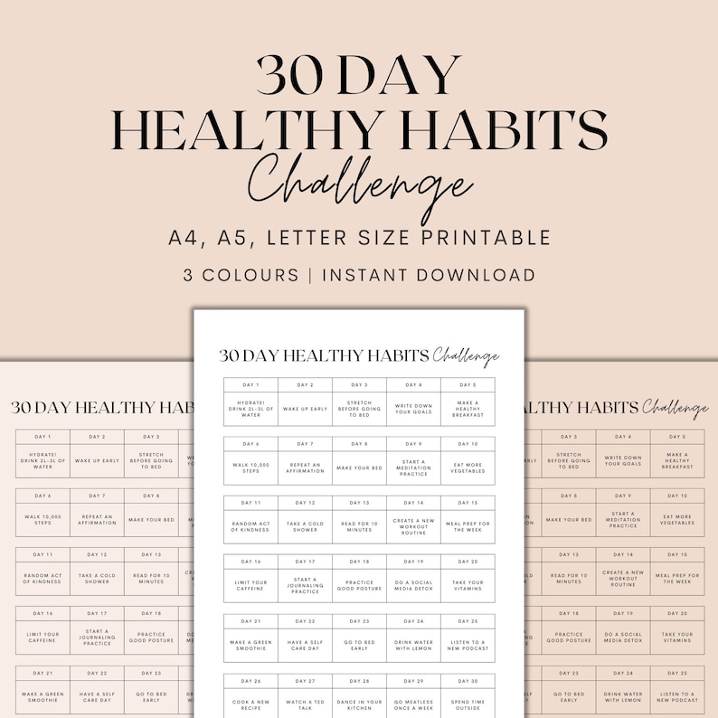 30 day healthy habits challenge printable, 30 day challenge tracker, healthy habit tracker, health tracker, health planner, health journal, habit planner, habit log, that girl challenge