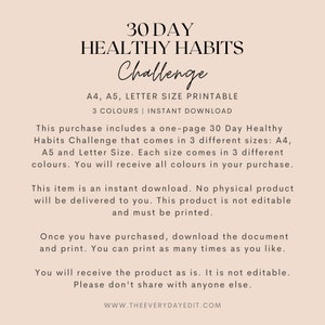 30 day healthy habits challenge tracker, printable 30 day challenge, health tracker, habit tracker