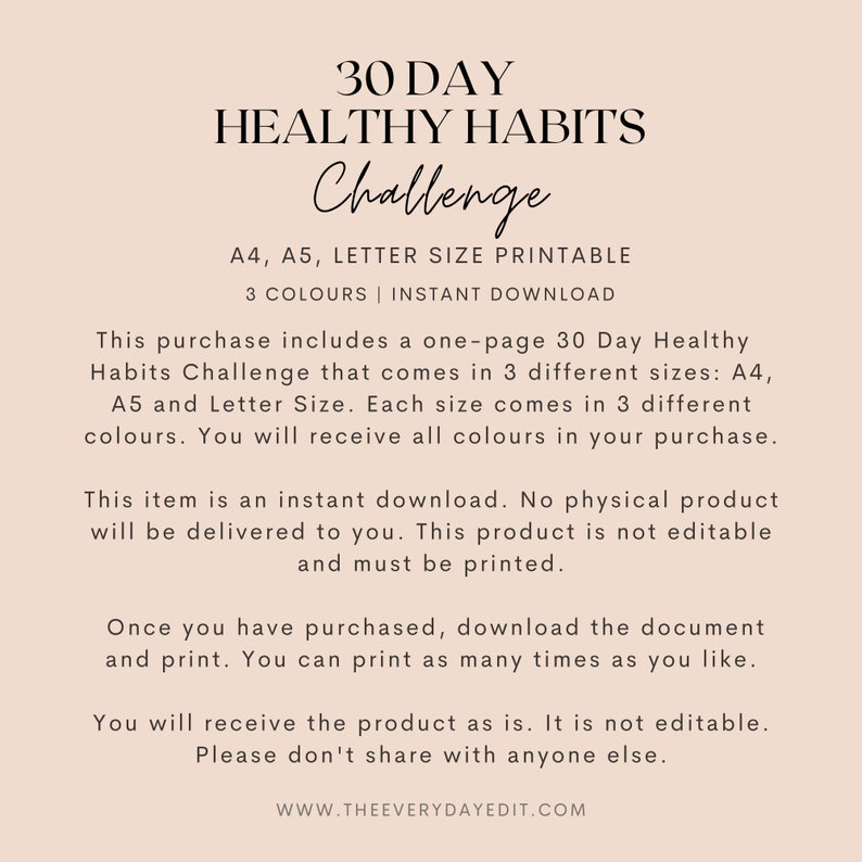 30 day healthy habits challenge tracker, printable 30 day challenge, health tracker, habit tracker