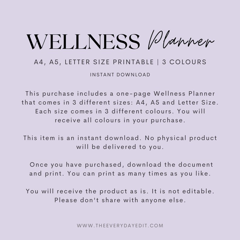 printable wellness planner, printable wellness tracker, printable health planner, printable health tracker, minimalist planner printable, minimal planner, purple planner, daily planner, daily wellness planner