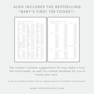 baby's first 100 foods tracker, printable first 100 foods, food tracker, baby tracker, baby meal planner, solids tracker, baby led weaning planner, baby led weaning tracker, baby food diary, baby food log, first food checklist, baby planner