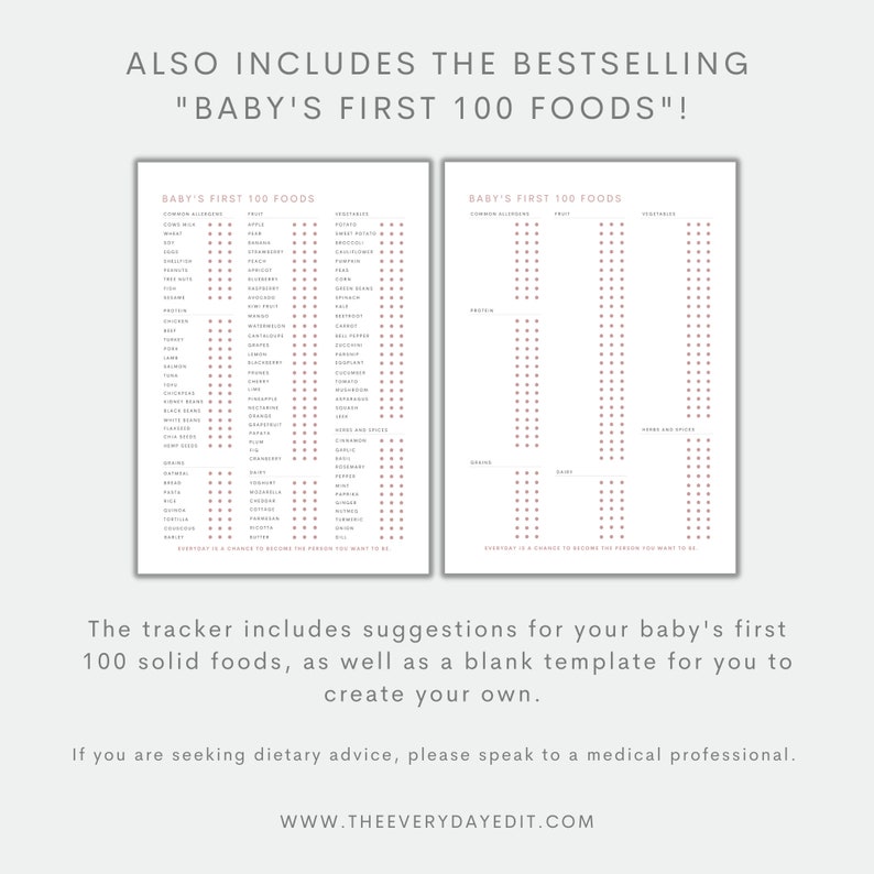 baby's first 100 foods tracker, printable first 100 foods, food tracker, baby tracker, baby meal planner, solids tracker, baby led weaning planner, baby led weaning tracker, baby food diary, baby food log, first food checklist, baby planner