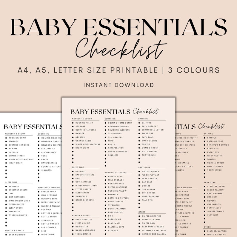 Puede incluir: Lista de verificaci&oacute;n imprimible para art&iacute;culos esenciales para beb&eacute;s, con categor&iacute;as para la guarder&iacute;a y la decoraci&oacute;n, la ropa, la hora de dormir, la lactancia y la alimentaci&oacute;n, la salud y la seguridad, el ba&ntilde;o, el equipo para beb&eacute;s y otros. La lista de verificaci&oacute;n est&aacute; en texto negro sobre un fondo blanco.