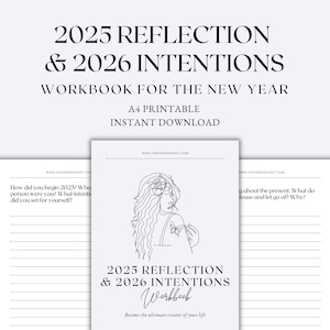 Pode incluir: Um caderno imprimível A4 intitulado "2025 Reflection & 2026 Intentions" para o novo ano. A capa apresenta um desenho a traço de uma mulher com detalhes florais e uma borboleta. Download instantâneo.