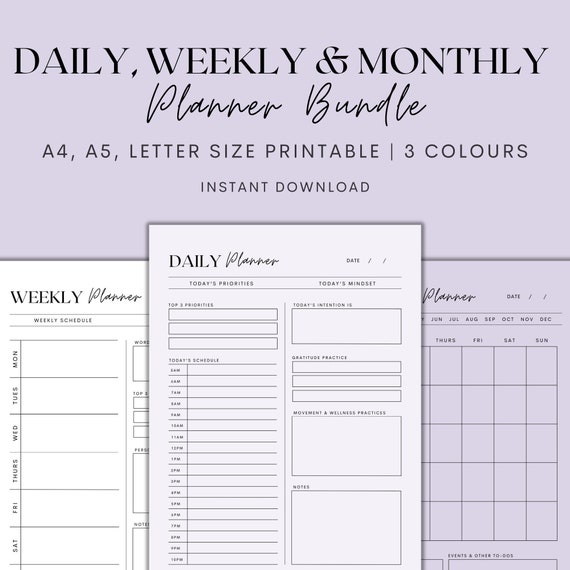 Daily Planner, Weekly Planner, Undated Monthly Planner, Minimalist Planner Printable Bundle, Instant Download PDF