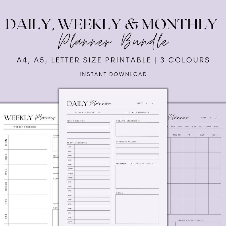May include: A printable planner bundle with daily, weekly, and monthly layouts. The bundle includes three different color options and is available in A4, A5, and letter sizes. The image shows a sample daily planner page with sections for priorities, schedule, gratitude practice, and notes.