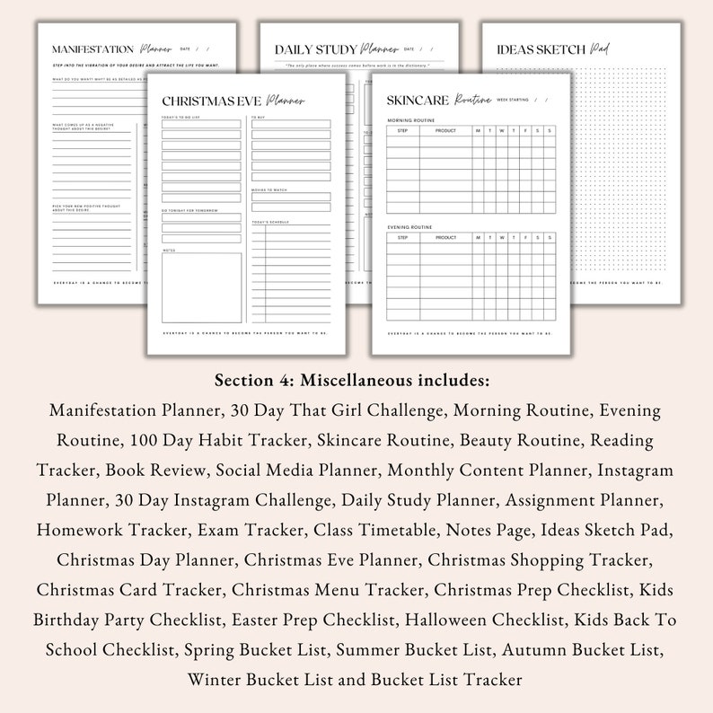 manifestation planner, that girl challenge, morning routine, evening routine, habit tracker, skincare routine, beauty routine, reading tracker, book review, social media planner, content planner, study planner, christmas planner, bucket list