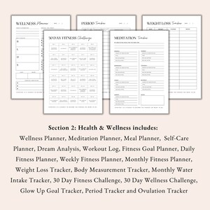wellness planner, health planner, meditation planner, meal planner, self care planner, workout planner, fitness planner, weight loss tracker, body measurement tracker, water tracker, fitness challenge, period tracker, ovulation tracker