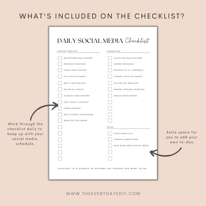 minimalist planner printable, printable daily planner insert, instagram checklist, Facebook checklist, YouTube checklist, tiktok checklist, content creation checklist, content checklist, content creator checklist, social media checklist