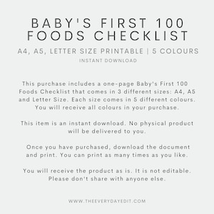 baby's first 100 foods checklist printable, baby food tracker printable