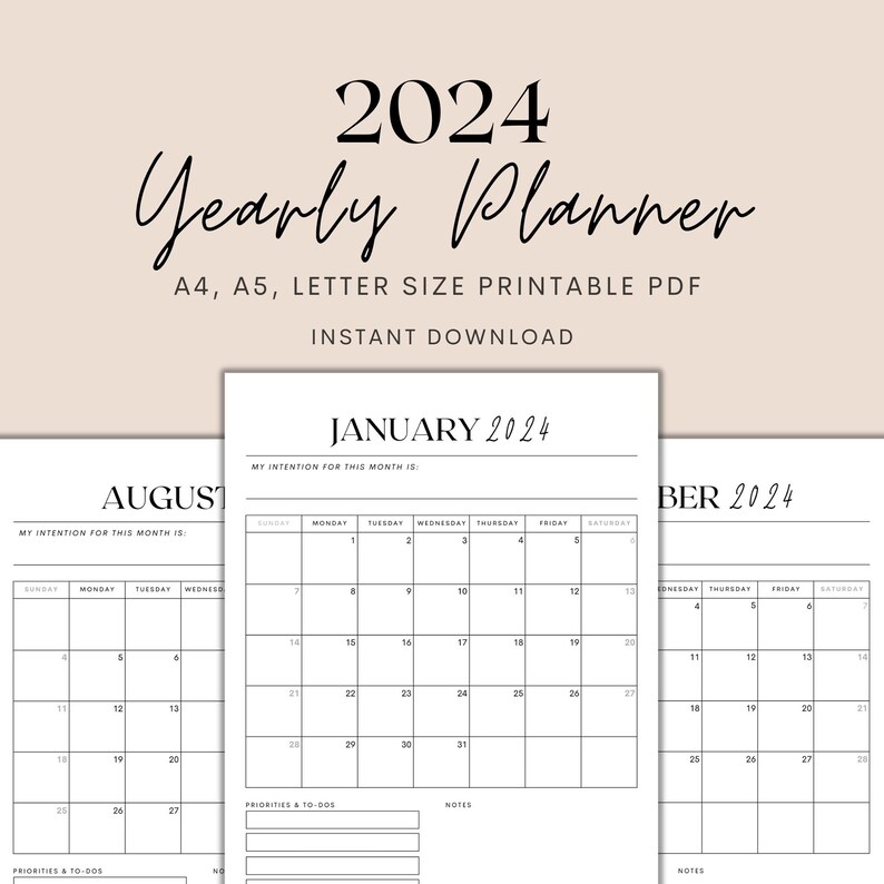 2024 Yearly Calendar Printable, Minimalist Calendar, 2024 Planner