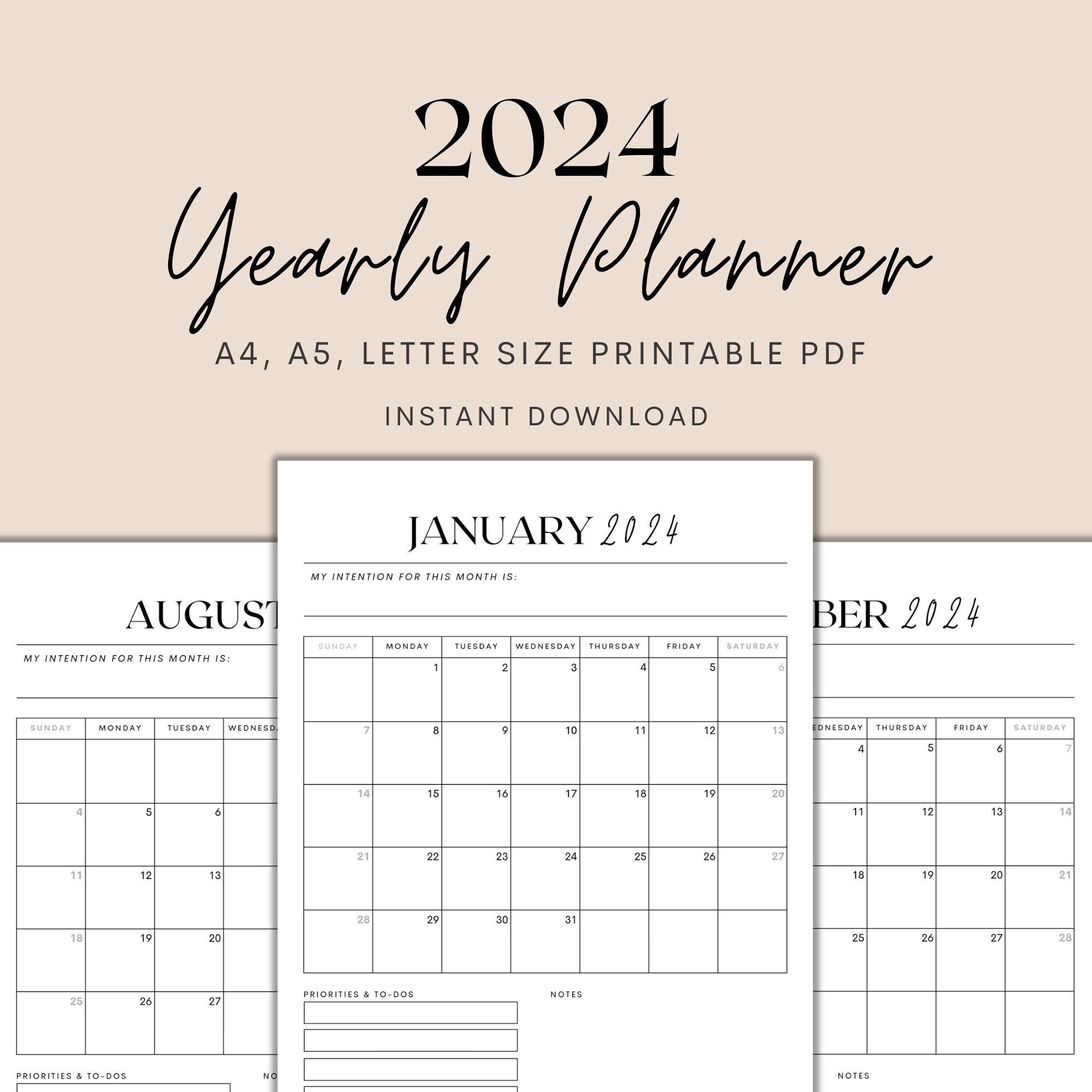 2024 Yearly Calendar Printable, Minimalist Calendar, 2024 Planner
