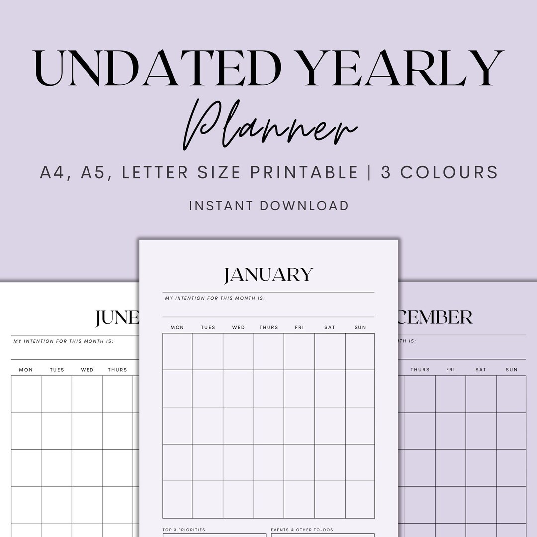 Undated Yearly Planner Printable, 12 Month Planner Inserts, Yearly ...