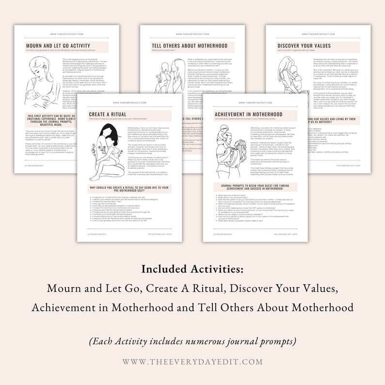 matrescence workbook, motherhood workbook, matrescence activities, achievement in motherhood, discover your values, motherhood journal prompts, matrescence journal prompts, matrescence journaling prompts