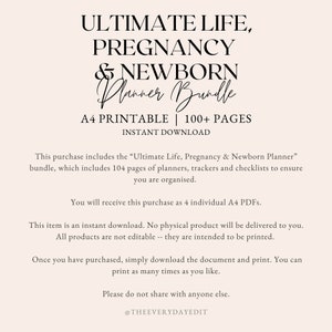 Pu&ograve; includere: Un pacchetto di planner digitali stampabili per la gravidanza e la cura del neonato. Il pacchetto include 104 pagine di planner, tracker e checklist. Il testo sull'immagine recita "Ultimate Life, Pregnancy & Newborn Planner Bundle, A4 Printable | 100+ Pages, Instant Download".