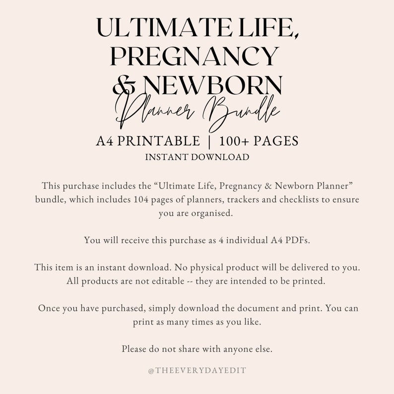Pu&ograve; includere: Un pacchetto di planner digitali stampabili per la gravidanza e la cura del neonato. Il pacchetto include 104 pagine di planner, tracker e checklist. Il testo sull'immagine recita "Ultimate Life, Pregnancy & Newborn Planner Bundle, A4 Printable | 100+ Pages, Instant Download".