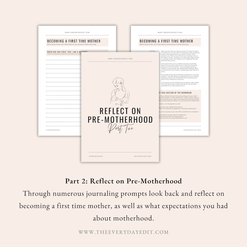 reflect on pre-motherhood, journaling prompts, journal prompts for motherhood, journaling prompts for matrescence, motherhood expectations, motherhood workbook, matrescence workbook, new mom journal, postpartum journal