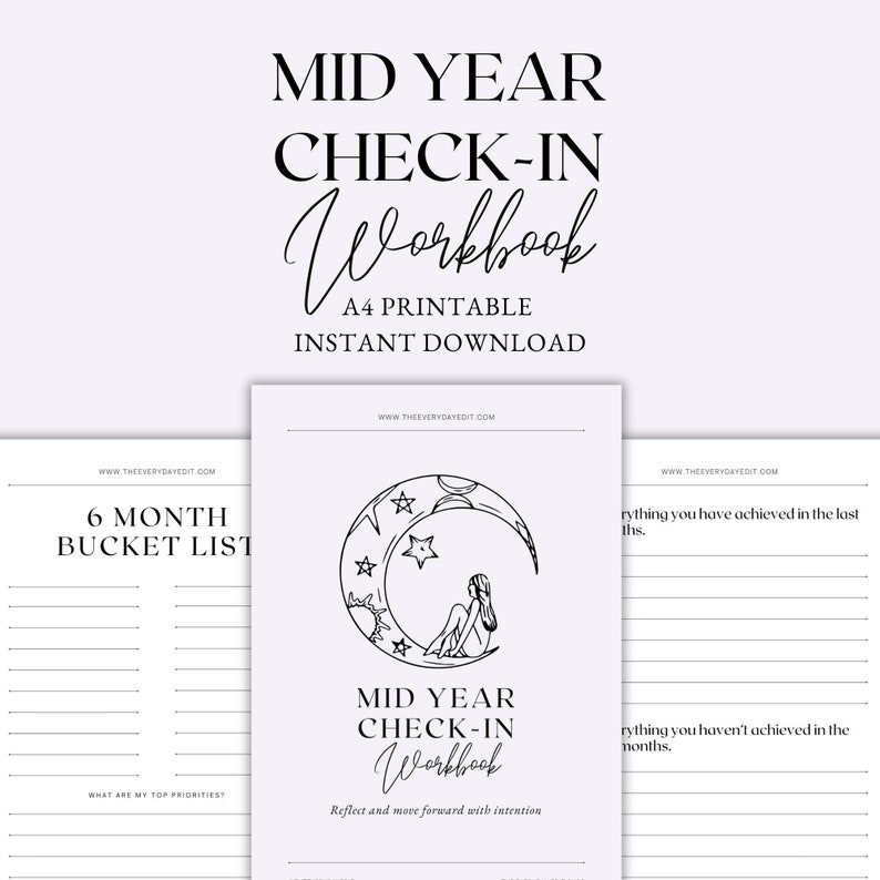 mid year check in workbook, life audit workbook, journal prompts for shadow work, self discovery journal prompts, journaling prompts, goal setting planner, goal planner, plan your goals, life planner, undated monthly planner