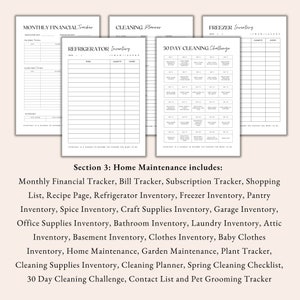 home maintenance planner, financial tracker, bill tracker, subscription tracker, shopping list, recipe page, kitchen inventory, cleaning planner, supplies inventory, spring cleaning checklist, cleaning challenge, contact list, pet grooming tracker