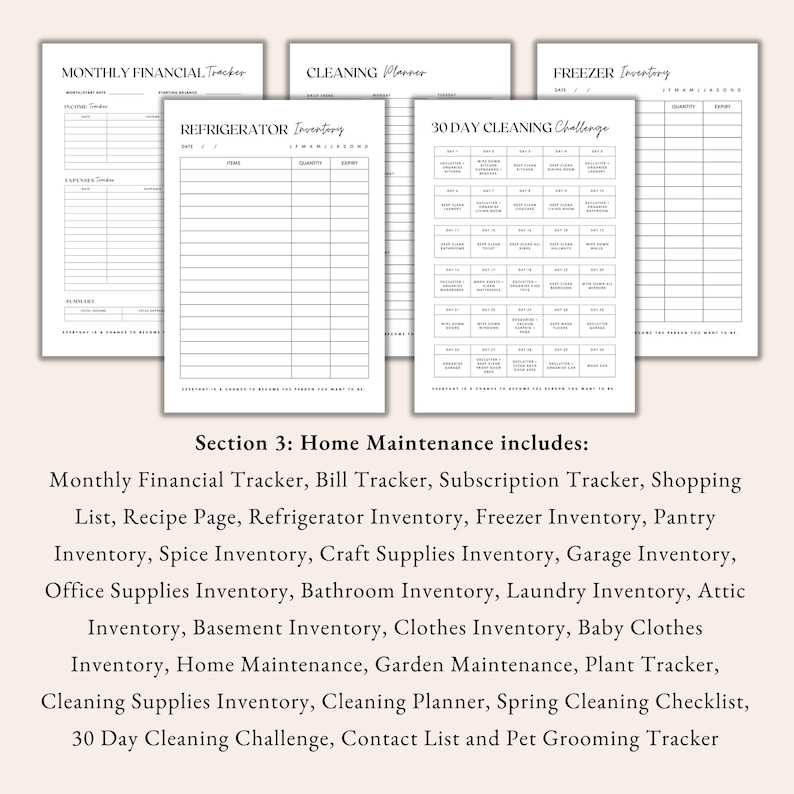 home maintenance planner, financial tracker, bill tracker, subscription tracker, shopping list, recipe page, kitchen inventory, cleaning planner, supplies inventory, spring cleaning checklist, cleaning challenge, contact list, pet grooming tracker