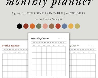 May include: Printable monthly planner template in A4, A5, and letter sizes. The planner has a simple design with a calendar grid, space for notes, and a section for events and to-dos. The template is available in 10 colors.