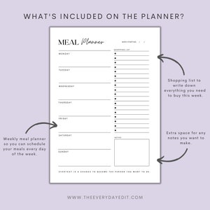 printable minimalist planner, minimalist planner printable, minimal planner, black and white planner, purple planner, healthy living planner, health planner, shopping list, grocery list, meal plan, weekly planner, weekly tracker