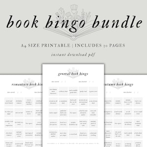Puede incluir: Un paquete de bingo de libros imprimible con tres tarjetas de bingo diferentes: bingo de libros general, bingo de libros de romantasy y bingo de libros de otoño. Cada tarjeta tiene una cuadrícula de 25 cuadrados con diferentes desafíos relacionados con los libros para completar.